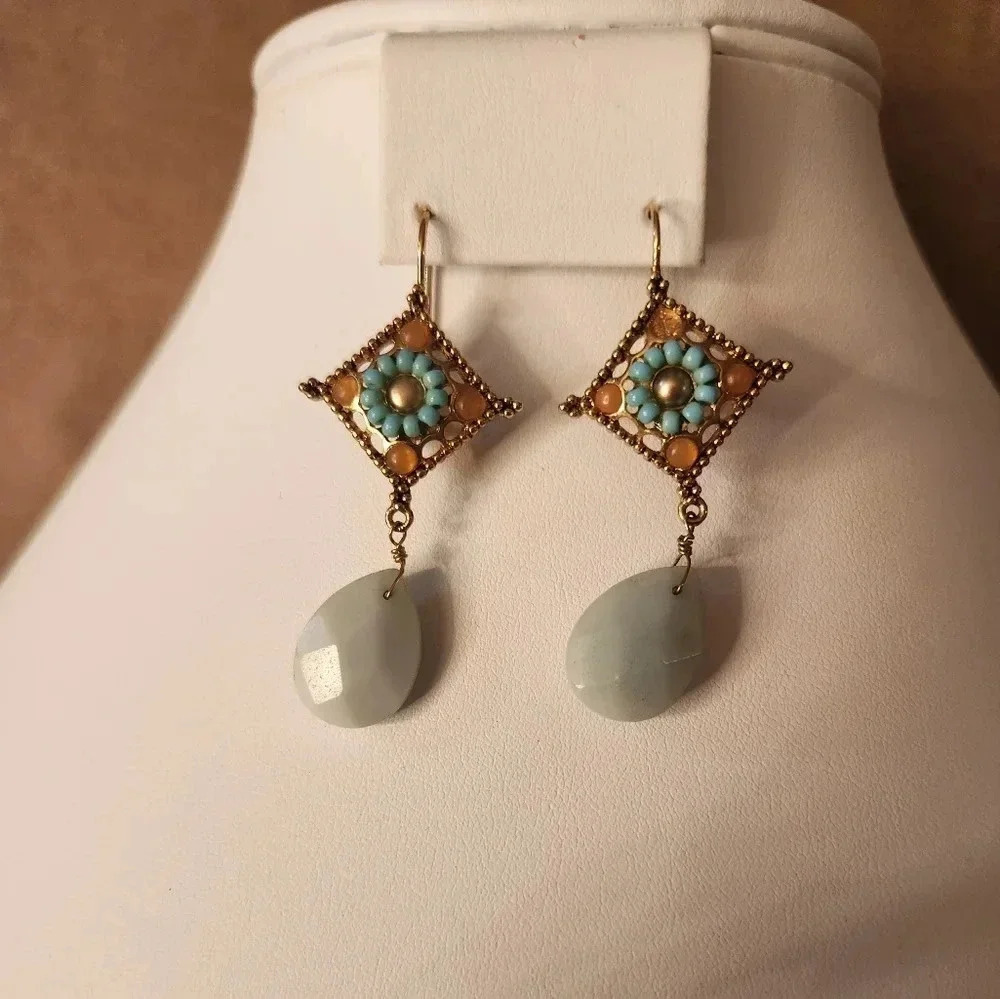 Floral Gold, Orange and Blue Beaded Drop Earring